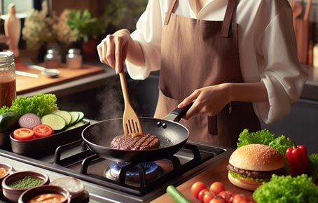 Una persona friendo un filete para hamburguesa